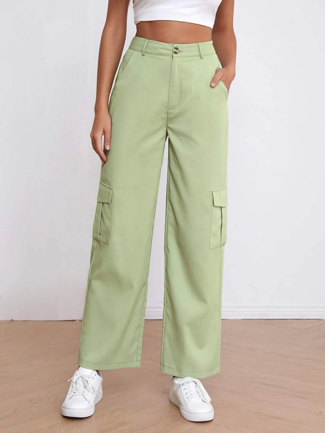 High Waist Solid Cargo Pants