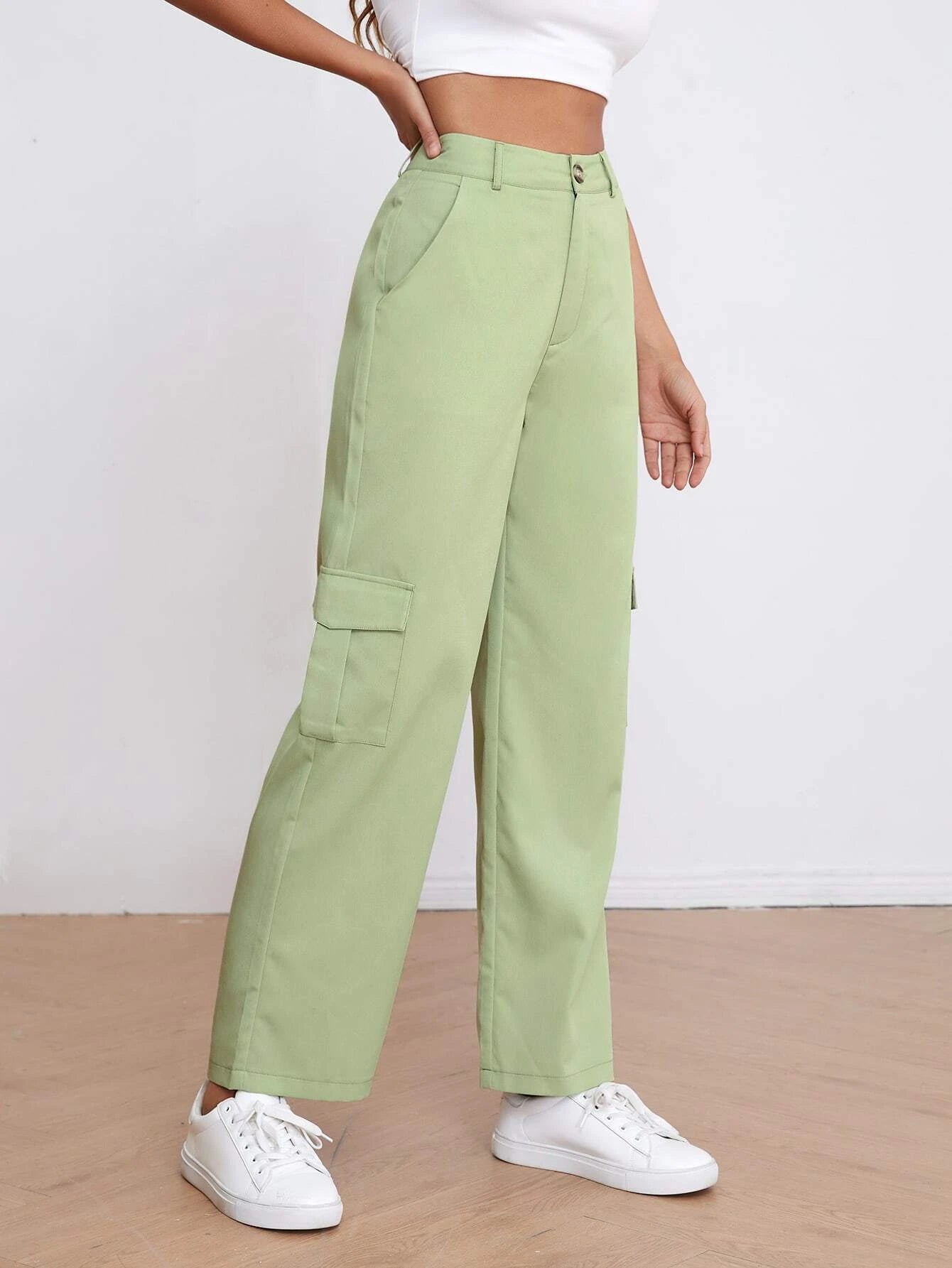 High Waist Solid Cargo Pants