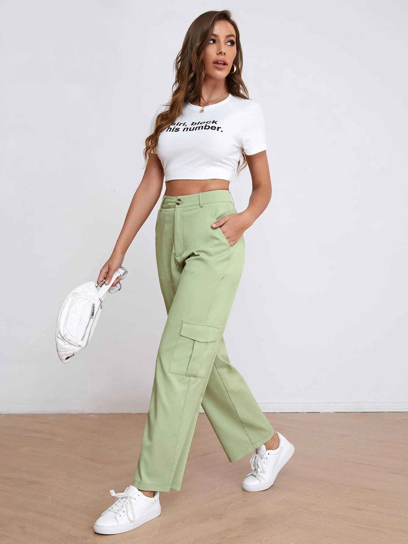 High Waist Solid Cargo Pants
