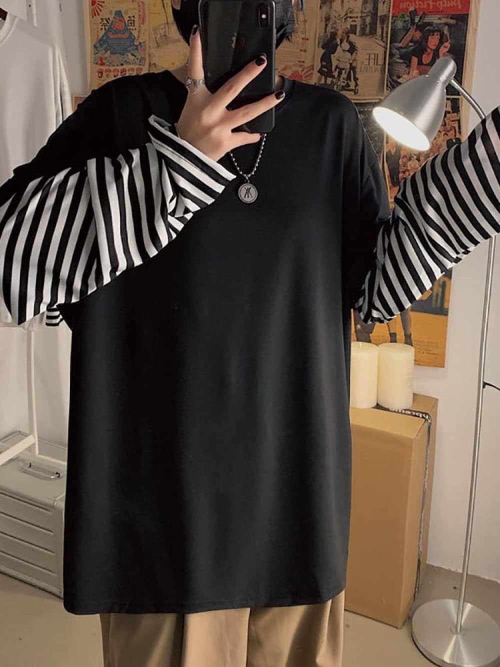 Oversized Striped T-Shirt Long Sleeve Crew Neck Casual Matching Couple Streetwear Pullover