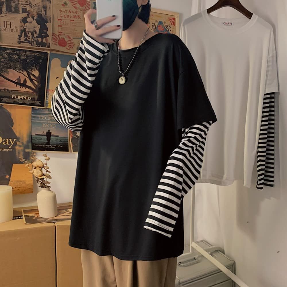 Oversized Striped T-Shirt Long Sleeve Crew Neck Casual Matching Couple Streetwear Pullover