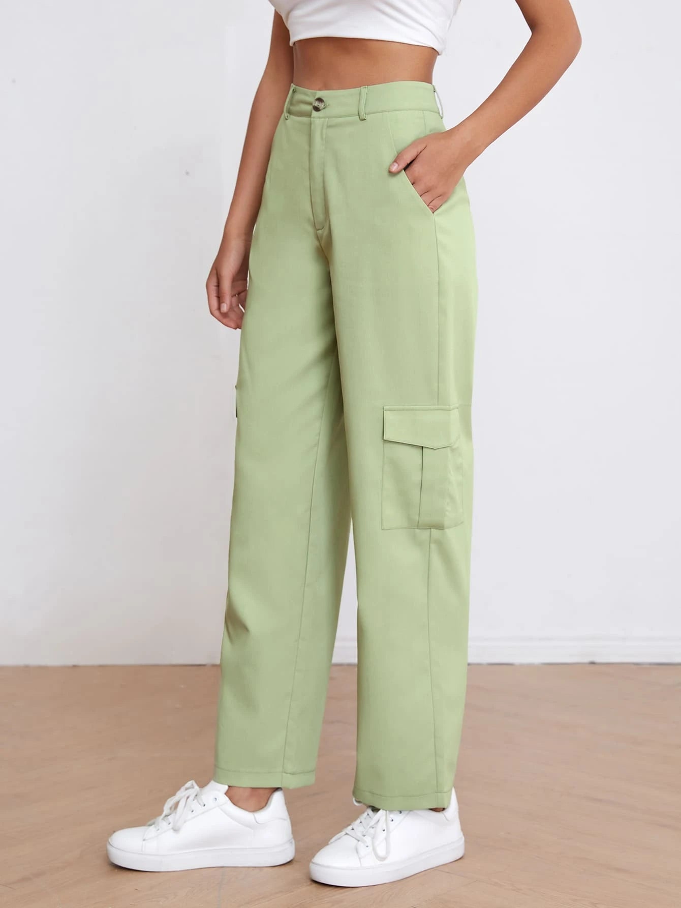 High Waist Solid Cargo Pants